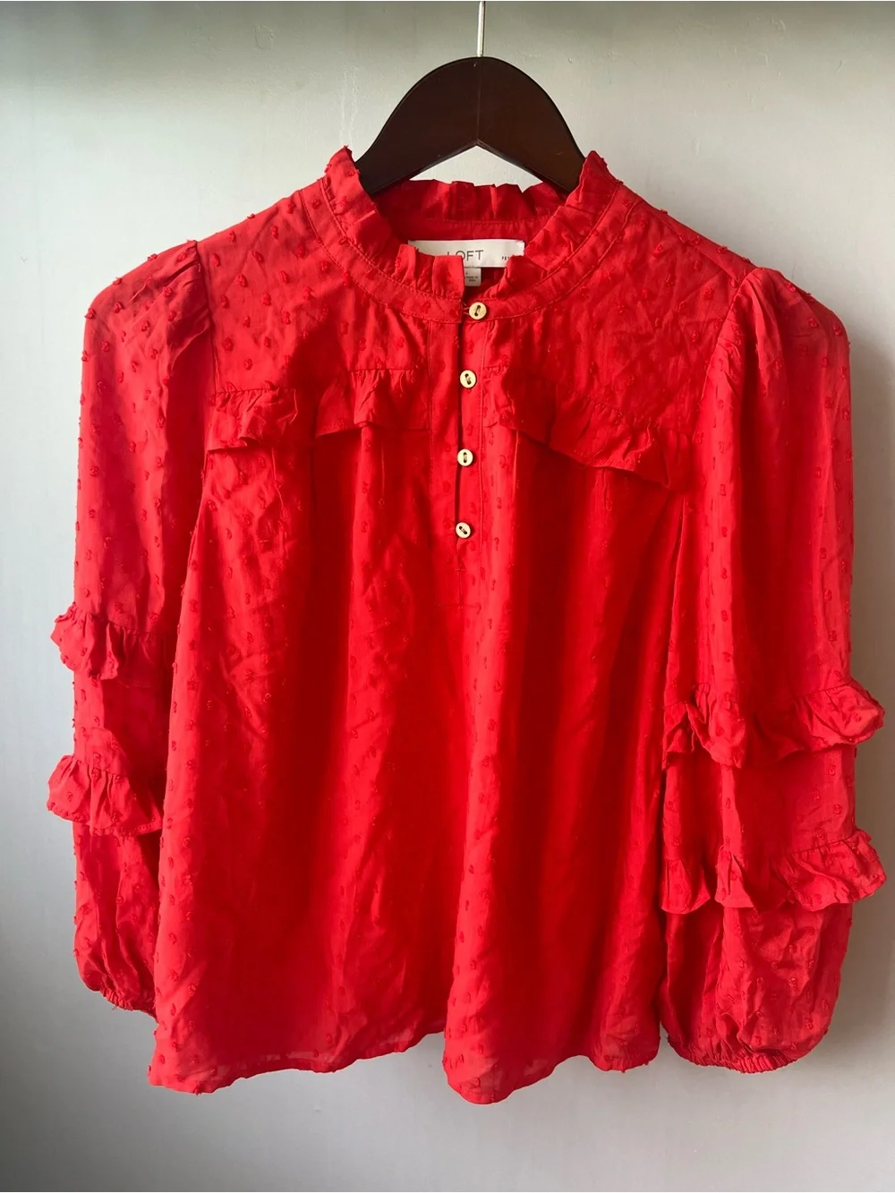NWT ANN TAYLOR LOFT Blouse Top Shirt Dot Ruffle Sleeves Lined Red Petite XXS